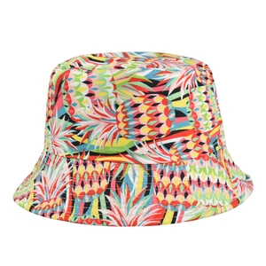Close-up of colorful pineapple pattern print and stitching detail on a cotton bucket hat