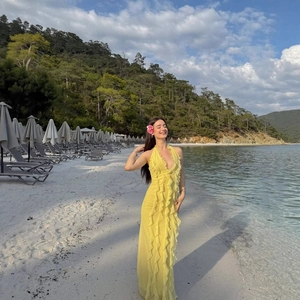 Women Yellow Halter Neck Maxi Dress Ruffle Mesh Chiffon Deep V Sleeveless Backless Vacation Beach Elegant Long Sun Dress
