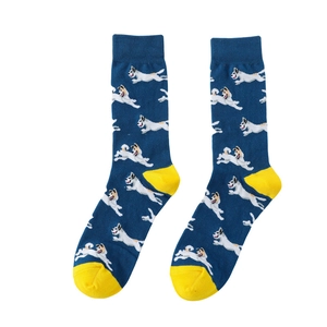 Detail of navy cotton crew socks with yellow accents and white running dog pattern
