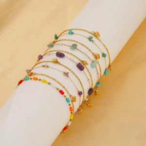 Layered gold titanium anklet with colorful natural stones and heart charms set