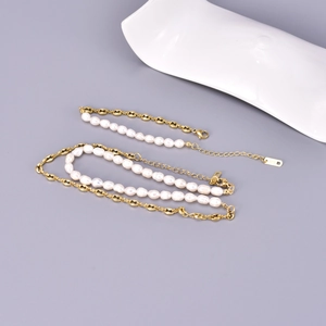 Elegant asymmetric pearl gold chain necklace and bracelet jewelry set with K18 engraving