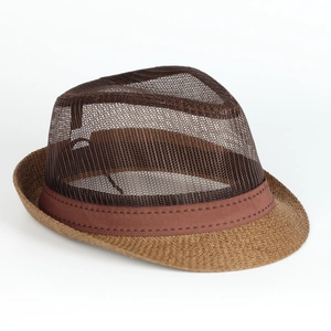 Breathable mesh patchwork fedora hat with brown band for summer beach and sun protection