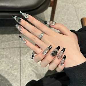 Handmade black French coffin press-on nails with luxury crystals and oversized gems