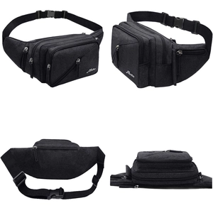 Men's versatile black nylon waist bag with multiple pockets and water bottle holder
