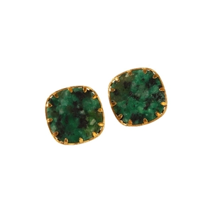 Golden square turquoise stud earrings with green natural stone texture on white background