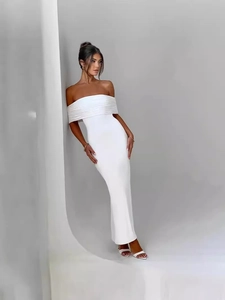 Elegant white strapless maxi dress with ruched bodice and slim-fit floor-length design
