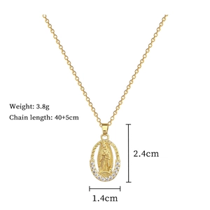 Detailed view of oval portrait pendant with sparkling crystals and size specifications