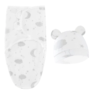 Detail of white newborn swaddle wrap and hat set with grey cloud and moon patterns