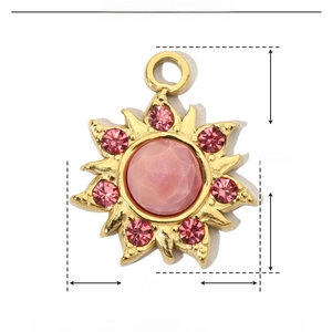 Detailed technical diagram showing dimensions of gold sun pendant with pink natural stone