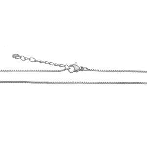 Detail of silver box chain necklace with adjustable lobster clasp and extension link
