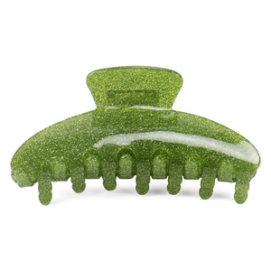 Detail view of large green glitter hair claw clip with unique melting drip design