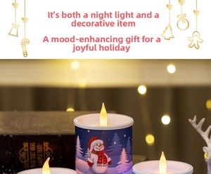 Detail of LED Christmas candle lamp featuring a snowman print and warm flickering flame