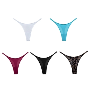 Pack of five sexy ice silk thong panties in solid colors and leopard print with thin straps