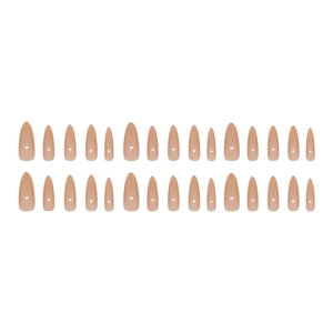 Glossy nude almond press-on nail kit with thirty pieces displayed on a white background