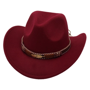 Deep burgundy felt western cowboy hat with ethnic braided band and gold feather charm