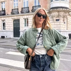 Women Quilted Jacket Diamond Pattern Polyester Padded Stand Collar Long Sleeve Retro Loose Casual Outerwear Coat