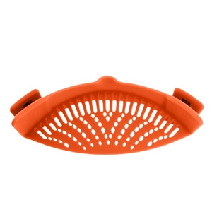 Orange silicone pot strainer clip-on with holes for draining pasta and vegetables