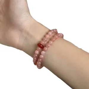 Double-layer pale pink agate beaded bracelet with red stone accent for women