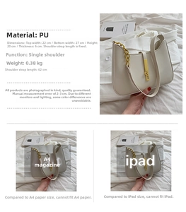 Detailed size comparison of the cream PU leather underarm bag with A4 paper and iPad