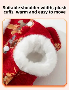 Detail of plush faux fur cuffs on red traditional Chinese pet vest with gold cloud patterns