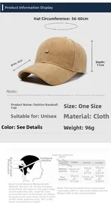 Size guide for corduroy herringbone baseball cap showing dimensions and measurements