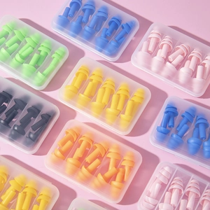 Multi-colored silicone earplugs set in individual clear cases on a pink background