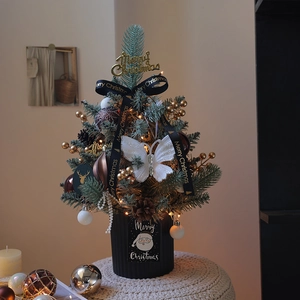Mini lighted Christmas tree with gold ornaments, pine cones, and LED lights for tabletop decor