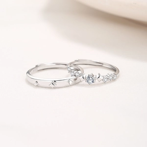 Adjustable S925 sterling silver couple rings with sparkling star-shaped zircon stones