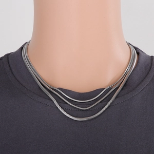 Three-layered silver stainless steel square snake chain necklace with a minimalist design