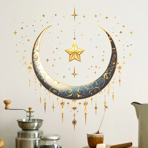 Golden moon and stars wall sticker with blue gradient for Middle East festive home decor