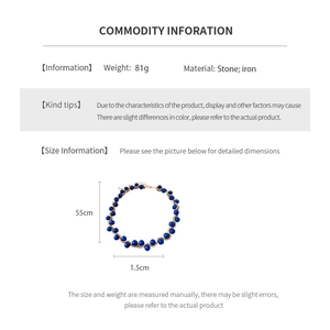 Detail view of blue stone bead necklace with iron chain measuring 55cm and 1.5cm beads