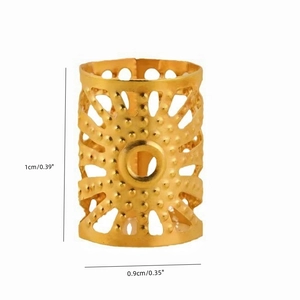 Gold hollow metal dreadlock bead with intricate pattern and dimension markings