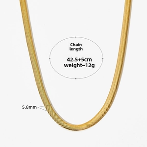 Close-up of gold flat snake chain necklace showing 5.8mm width and 12g weight specs
