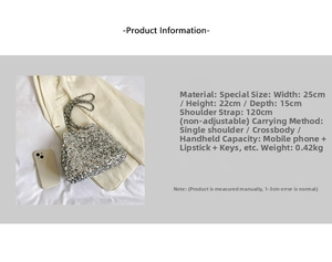 Close-up of silver sequin bucket bag with 25x22x15cm size specs and chain strap details