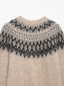 Dettaglio maglione in maglia di alpaca con trama soffice e motivi jacquard geometrici