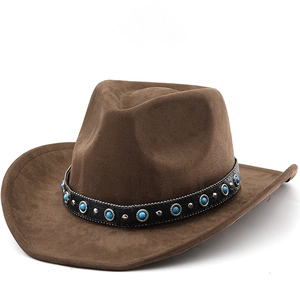 Western Cowboy Hat Faux Suede Wide Brim Retro Ethnic Style With Turquoise Leather Band For Men Women