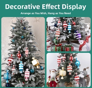 Detailed view of red and white striped candy ornaments hanging on a Christmas tree