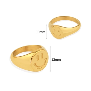 Minimalist gold smile face rings in 10mm and 13mm sizes with polished finish