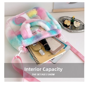 Detail showing the internal storage capacity of rainbow plush unicorn bag for girls