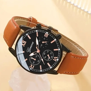 Macro view of Geneva business watch with black dial and brown leather strap detail