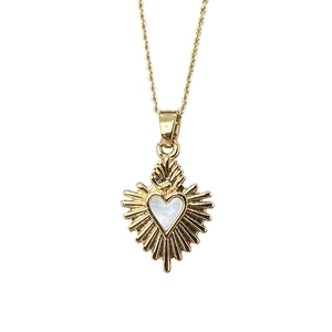 Fashionable gold heart pendant necklace with natural shell inlay and radial sunburst design