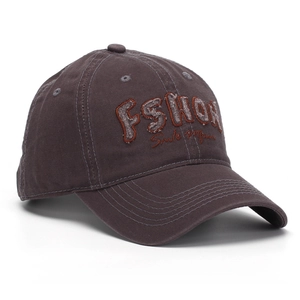 Close-up of deep gray baseball cap featuring vintage FSHON patch and Smile More embroidery
