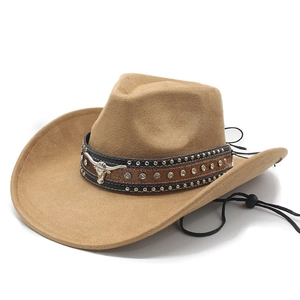 Khaki suede western cowboy hat with silver bull head ornament and windproof rope