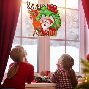 Children looking at a 5D DIY Christmas diamond painting wreath sticker on a window glass