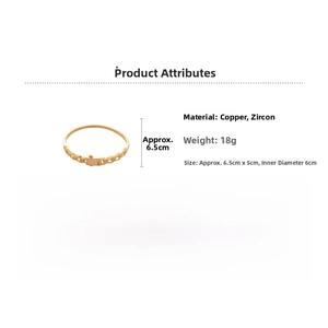 Detail view of gold-plated copper bracelet with cubic zirconia inlay and size dimensions