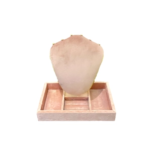 Pink velvet necklace bust display stand with a three-compartment jewelry storage base tray