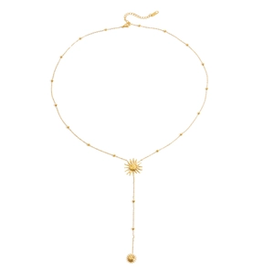 Collier long en Y en acier inoxydable doré avec pendentif soleil et perles délicates