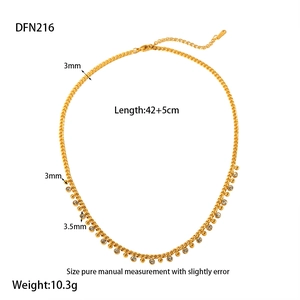 18K gold plated Cuban chain necklace with rhinestones and beads on a white background