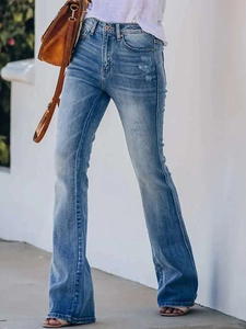 Women's light blue high waist flare jeans with vintage whiskers and distressed details