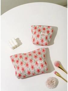 Floral Jacquard Cosmetic Bag Large Capacity Portable Makeup Organizer Zippered Travel Pouch For Women